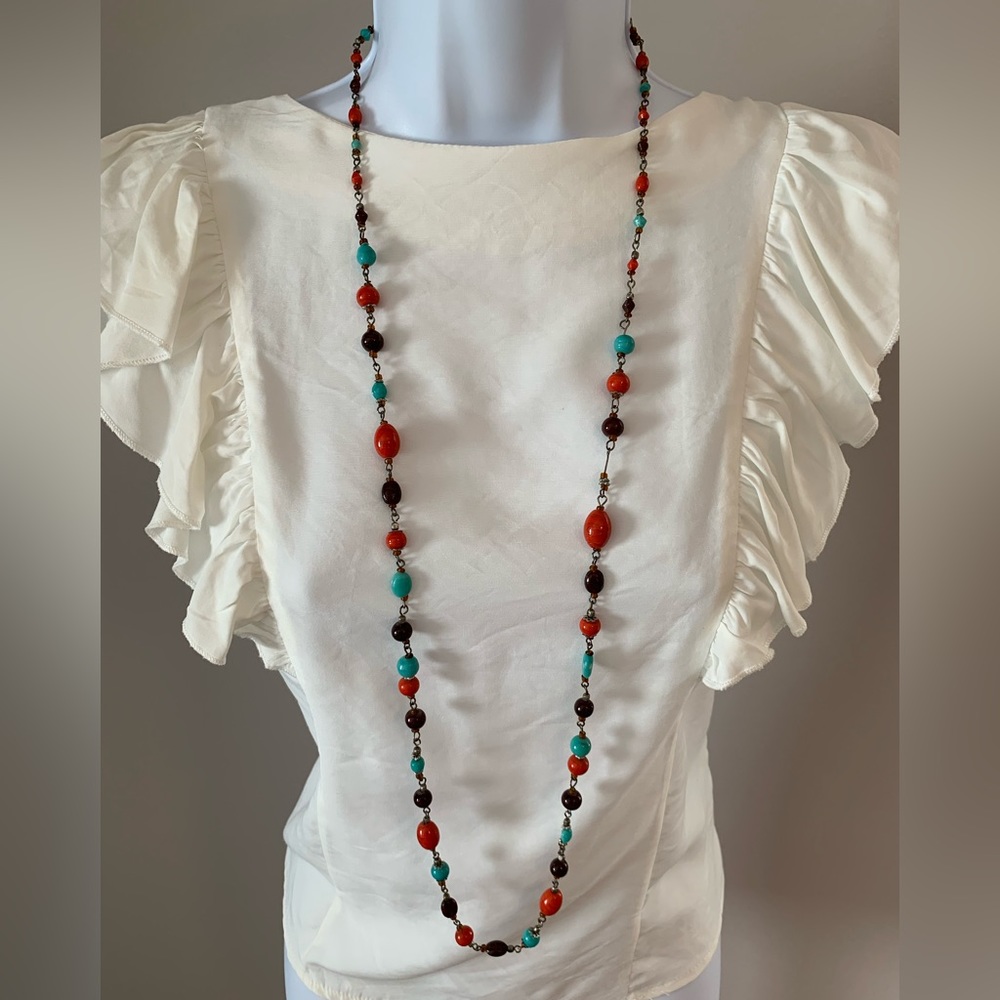 Orange, Brown and Turquoise Beaded Boho Necklace.